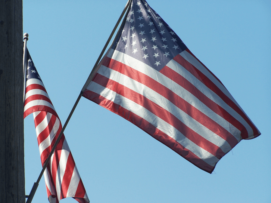 AN2130-Flags on Pole two flags hang from a wood telephone pole
