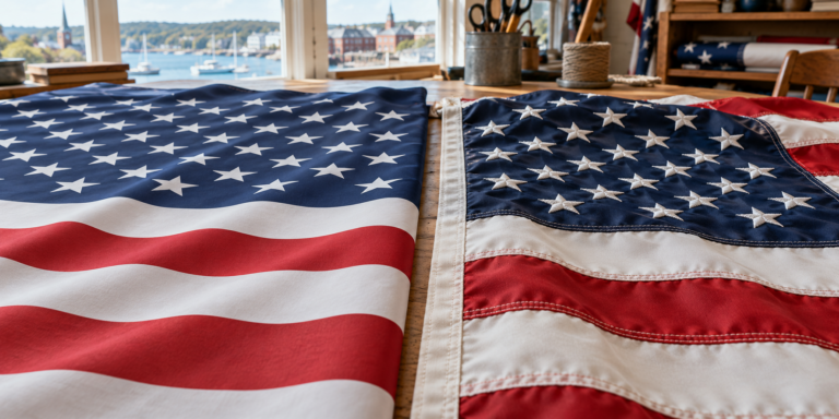 Close comparison of a printed American flag and a sewn American flag with embroidered stars