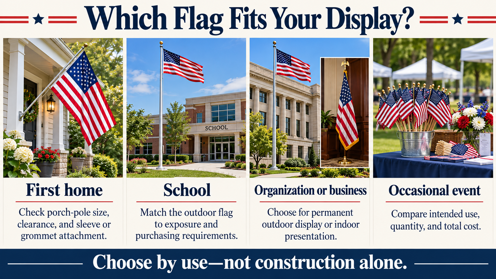 American flag buying guide for first-time homeowners, schools, organizations, and events, comparing display conditions, mounting requirements, and cost