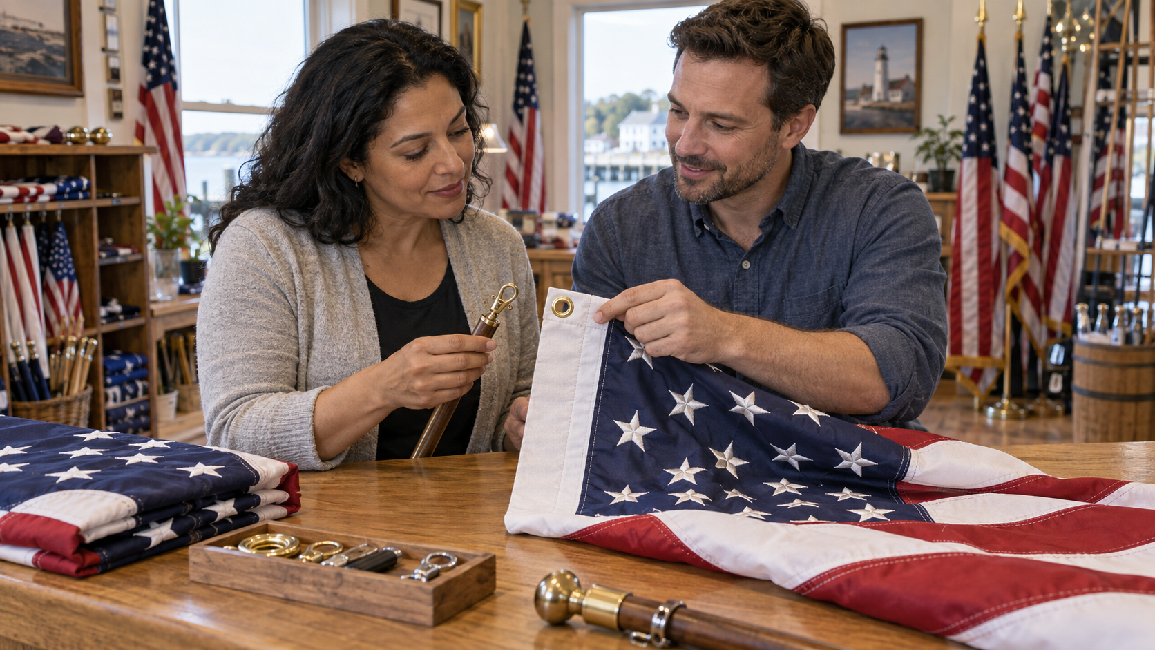 A homeowner and flag-store representative compare a flag’s attachment with an existing display staff