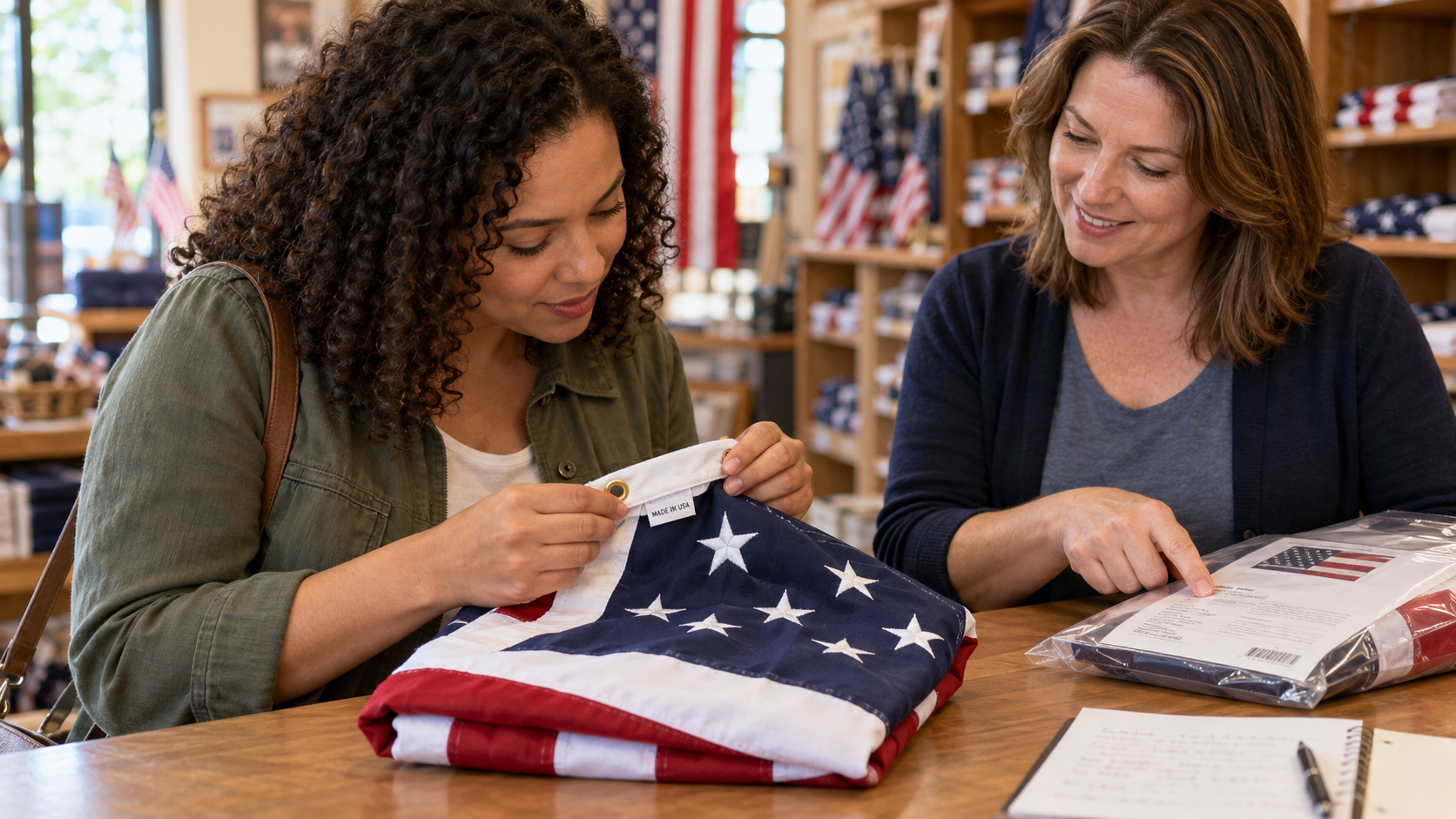 Customer checks an American flag’s Made in USA label while a shop representative reviews the product information