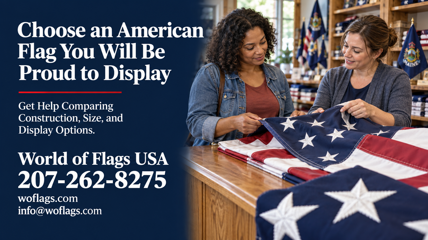 Compare nylon and heavy-duty spun polyester American flags with World of Flags USA. Call 207-262-8275 or visit woflags.com