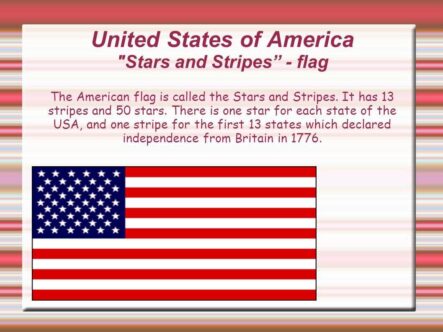 united states flag in picture and information written about 13 stripes and 50 stars.